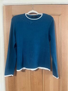 ZESICA Blue Knit Sweater – Contrast Trim Long Sleeve Top